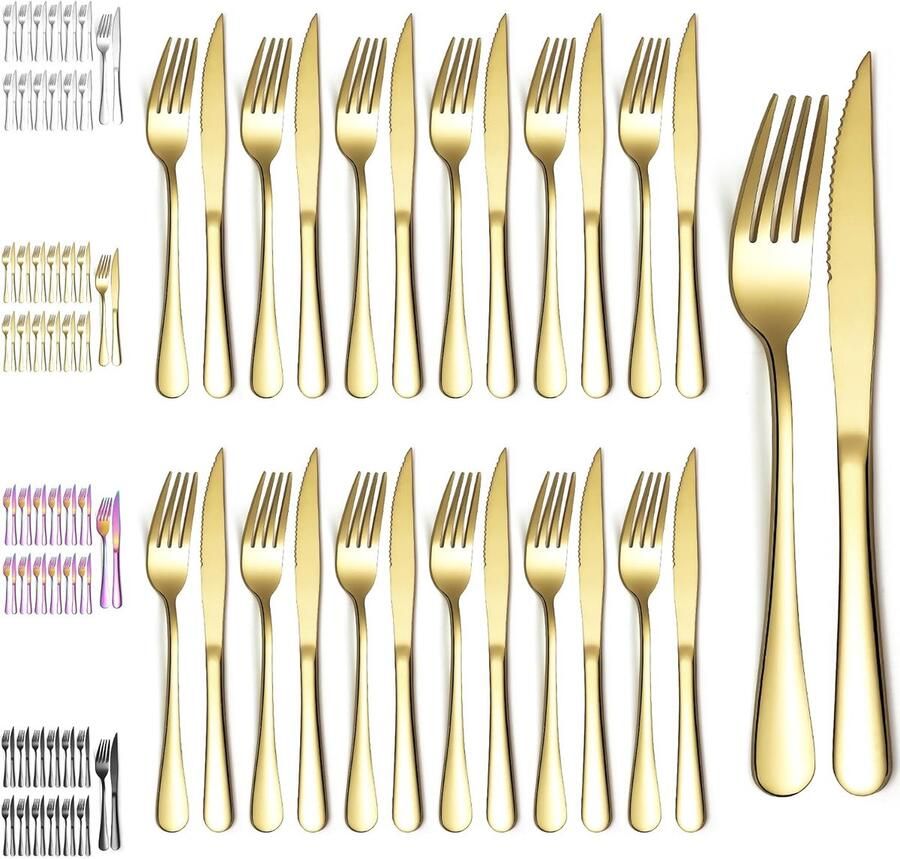 Steakbestek Set Tafelmessen Vorken Feestelijk Dineren Goud Titanium Gecoat 24 Delig Goud