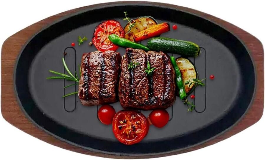 Steakbord Gietijzer Serveerschaal Hout Warm Eten Serveren Gelijkmatige Warmteverdeling 255 cm Zwart