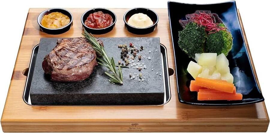 Steakbord Hot Stone Grill Set van bamboeplank lavastone en porseleinen plaat vlees vis grillen op hete steen (Uno Black)