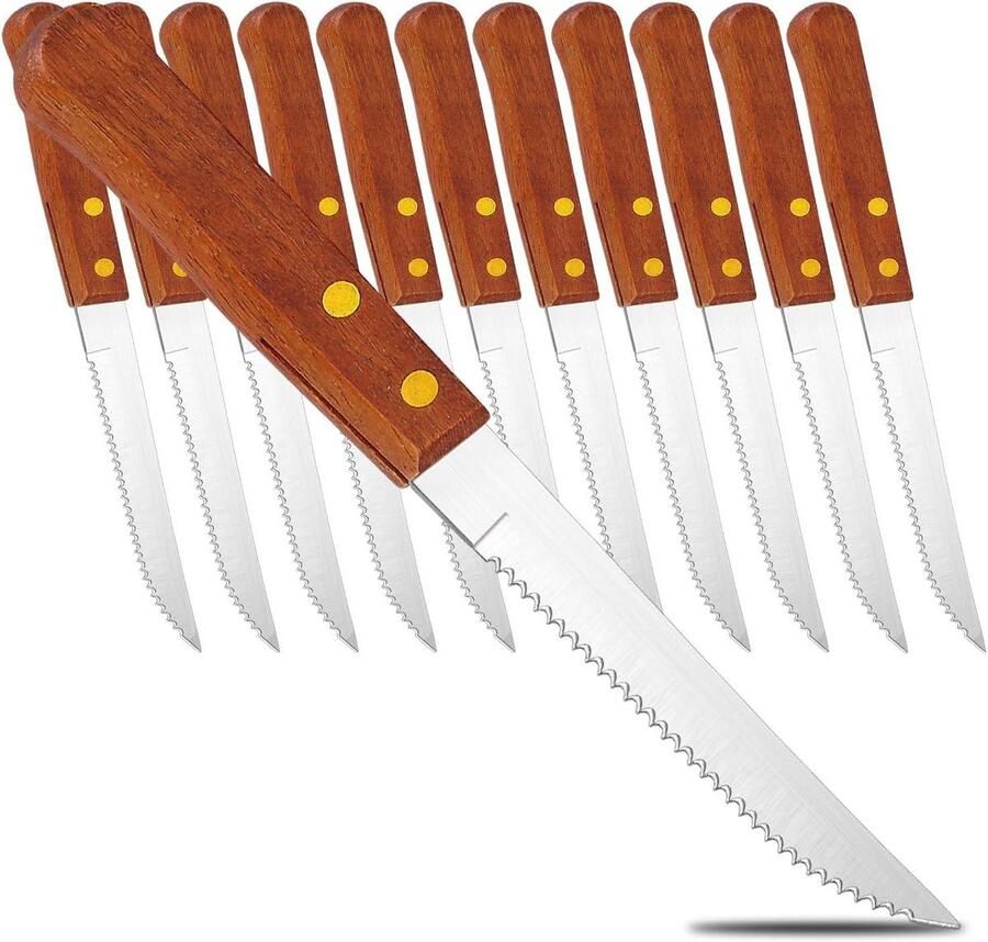 Steak messen Bestek set Dineren thuis Gekartelde rand 12 stuks Bruin