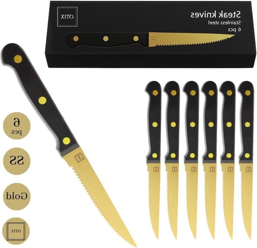 Steakmessen Set Vleesmessen Tafel Dekken Vaatwasserbestendig 6 Stuks Goud Zwart