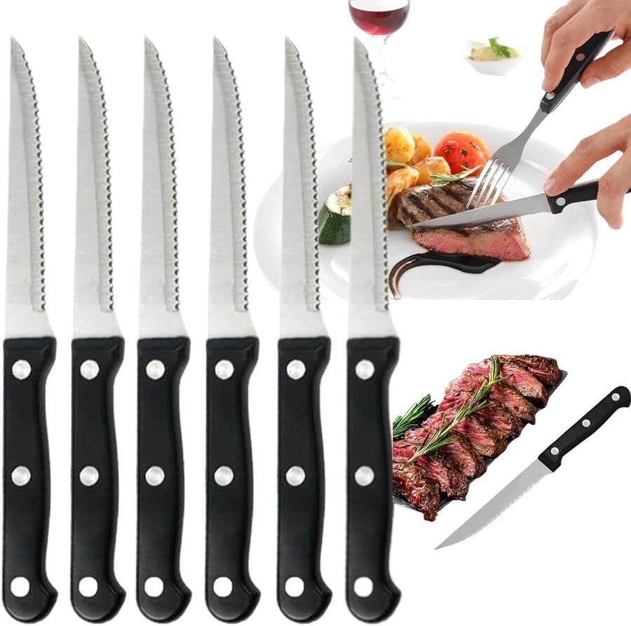 Steakmessenset 6-delig Tafelmessen Eten Snijden Ergonomische Handgreep 6 Stuks Zwart