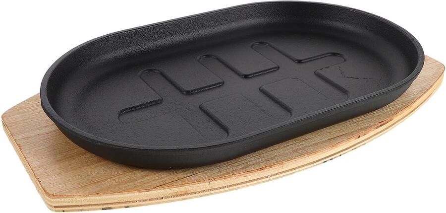 Steakpan Gietijzer Koekenpan Hout Gelijkmatig Bakken Voorgekruid 27.5 x 17.3 cm Zwart