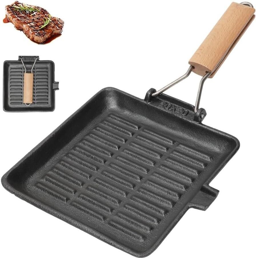 Steakpan Zwart 20 x 20 cm Gietijzeren Grillpan met Inklapbare Houten Handgreep Voor Inductie en Outdoor Gebruik