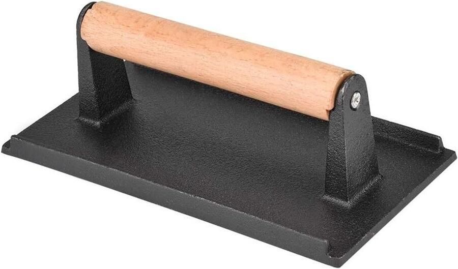 Steakpers Gietijzer Bacon Press Vlees Grillen Houten Handvat 22 x 12 x 8 cm Zwart