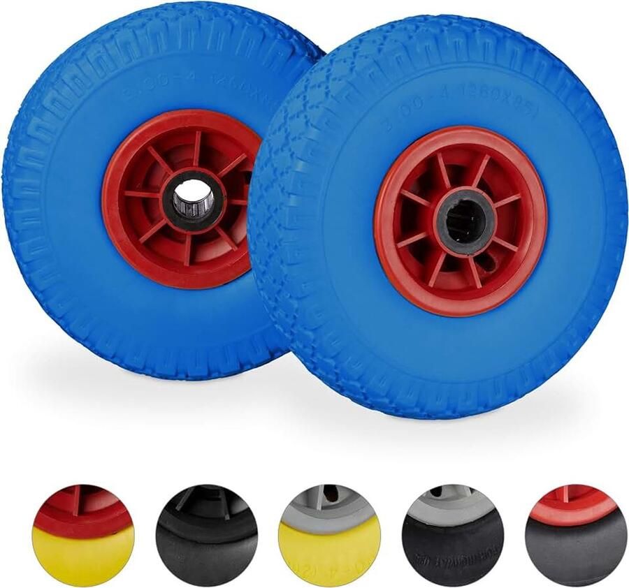 Steekwagenwiel 3.00-4 2 stuks kunststof velg anti lek as van 25 mm 260x85 mm blauw-rood