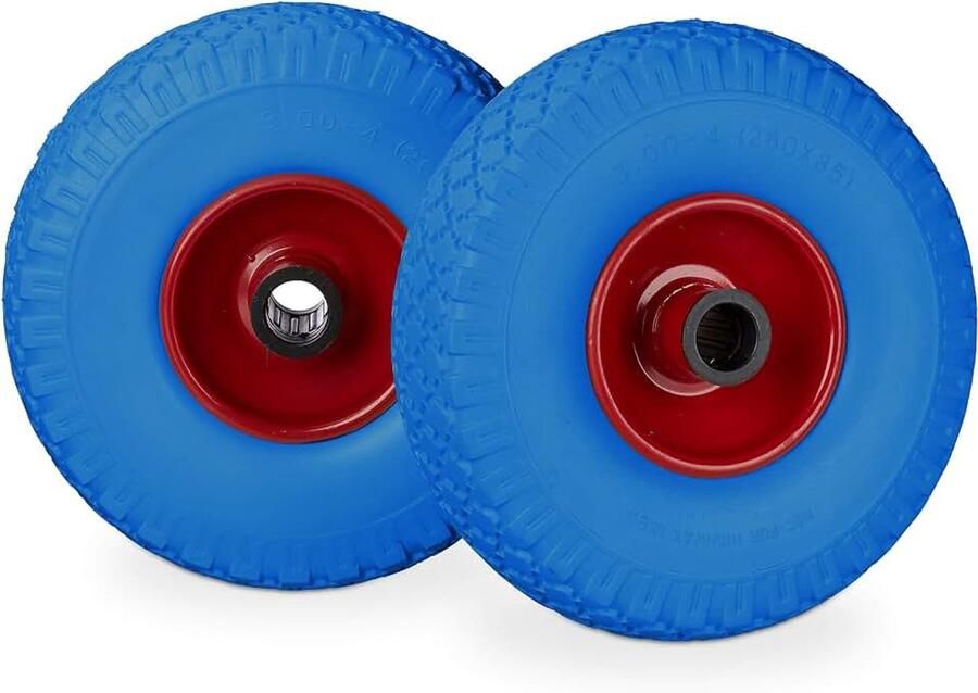 Steekwagenwiel 3.00-4 2 stuks stalen velg draaglast 100 kg as van 25 mm 260x85 mm blauw-rood