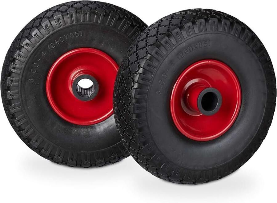 Steekwagenwiel 3.00-4 2 stuks stalen velg draaglast 100 kg as van 25 mm 260x85 mm zwart-rood