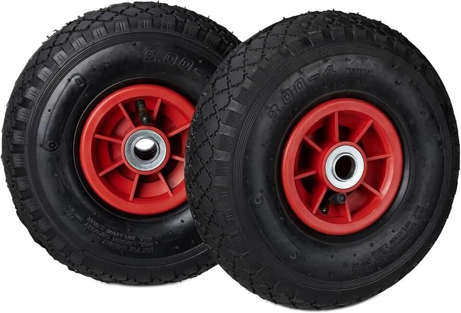 Steekwagenwiel 3.00-4 set van 2 bolderkarwielen luchtband tot 80 kg kunststof velg 260x85 mm zwart-rood