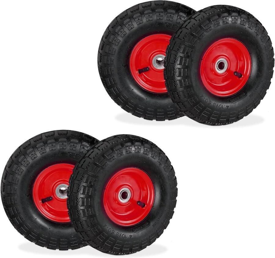 Steekwagenwiel set van 4 luchtband 3.50-4 reservewiel 16 mm as tot 136 kg 260x85 mm zwart-rood