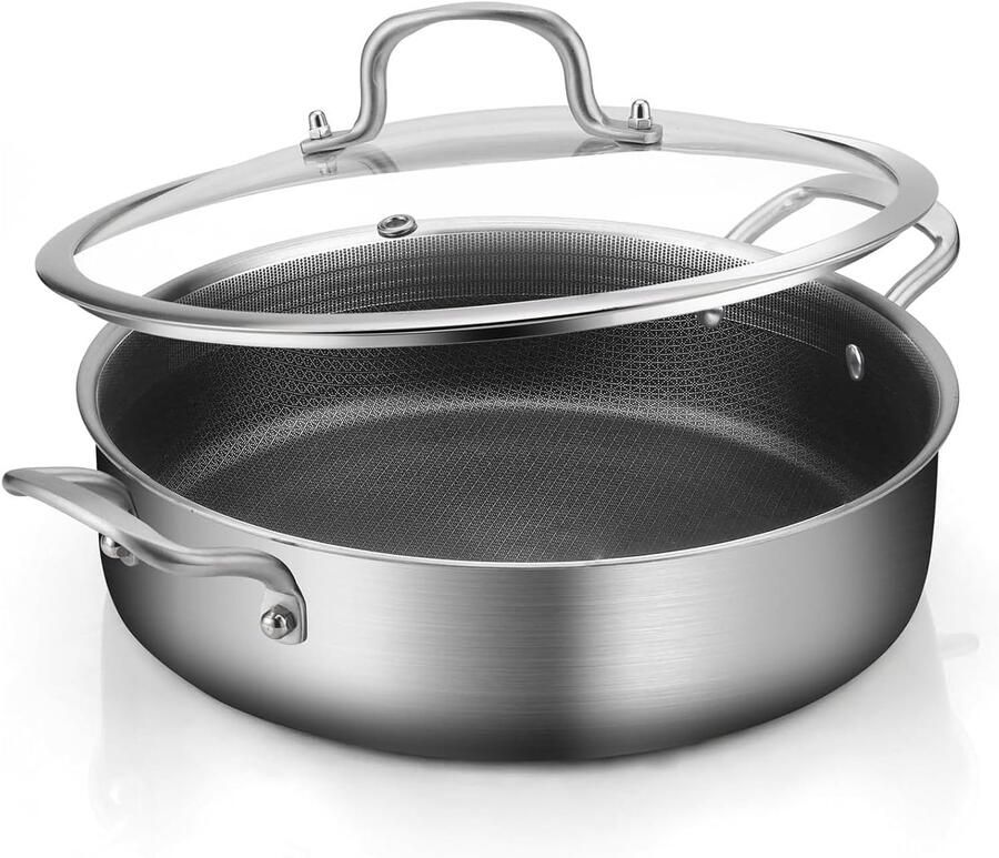 Steel Koekenpan Grote Braadpan Koken en Bakken Tri-Ply Constructie 7 Liter Inhoud Zilverkleurig