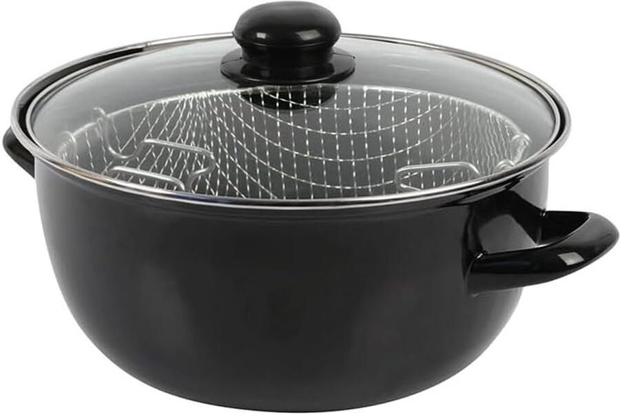 Steel Pan Frituurpan Snacks Maken Inclusief Mand en Deksel 20 cm Diameter Zwart