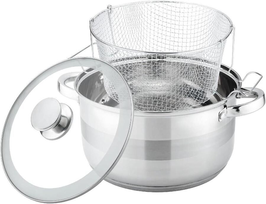 Steel Pan met Mand Kookpan met Frituurmand Koken en Frituren 18 10 Roestvrij Staal 24 cm Zilver