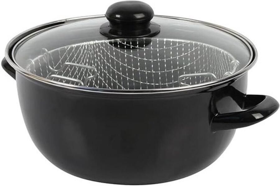Steelpan Frituurpan Zelf snacks bereiden Inclusief mand en deksel 20 cm diameter Zwart