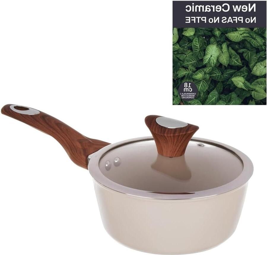 Steelpan met deksel Kookpan sauspan Gezond koken Keramische antiaanbaklaag 18 cm diameter Crème