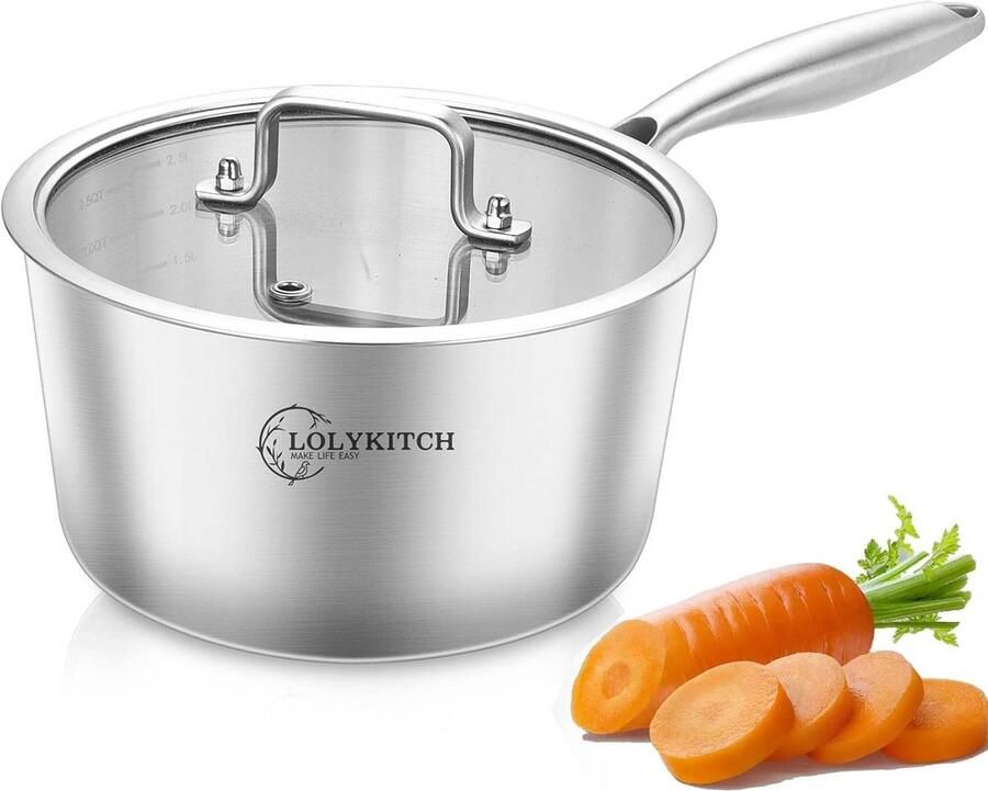Steelpan met deksel Kookpot sauspan Lekker koken Tri-Ply warmteverdeling 3 Liter Zilver