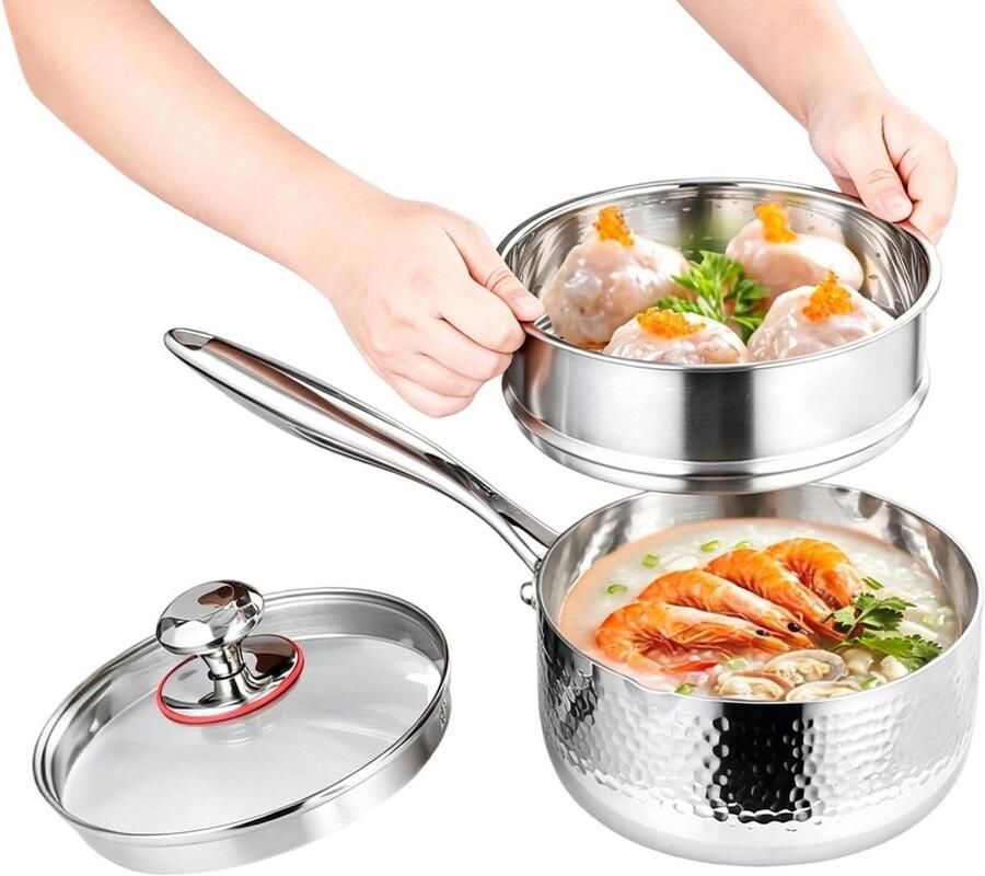 Steelpan met Deksel Kookpot Stoompan Dagelijks Koken Dubbele Schenktuit 20 cm Diameter Zilver