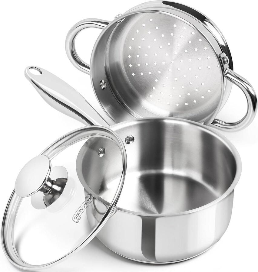 Steelpan met Steamer Sauspan Inductie Gezond Koken Triply Bodem 15 Quart Zilver