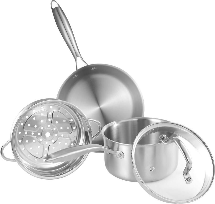 Steelpan met stoommand Sauspan Koekenpan Koken en Stomen 3-laags Roestvrij Staal 2.5L en 7 Inch
