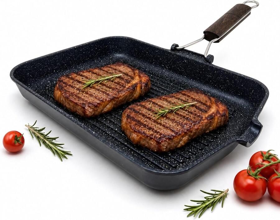 Steen grillpan met antiaanbaklaag 35 cm x 25 cm gegoten aluminium vaatwasmachinebestendig inklapbare handgreep ruimtebesparend gemaakt in Italië
