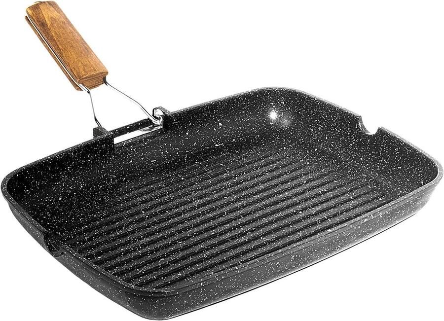 Steenpan met antiaanbaklaag Rechthoekige pan Gezond koken Inklapbare handgreep 36 x 23 cm Zwart