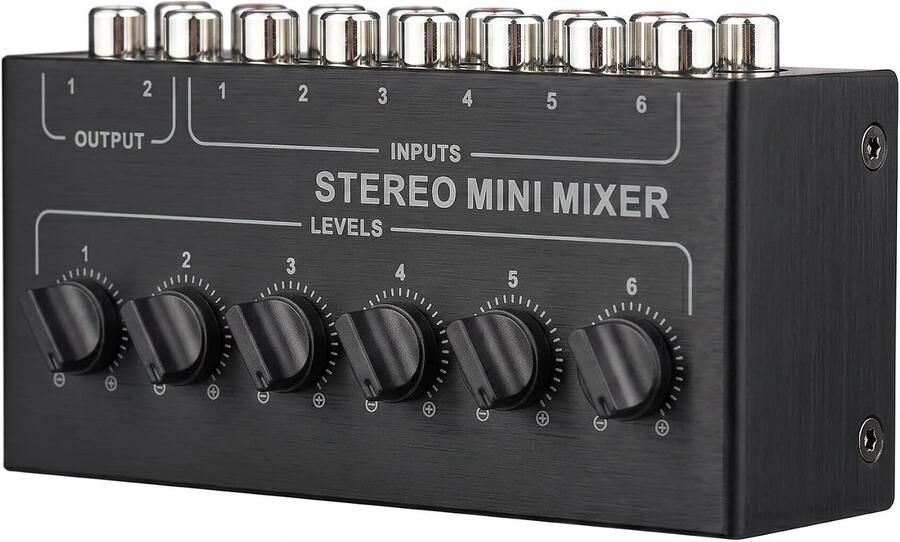 Stereo Audio Mixer Audio Interface 6 Kanaals Stereo Passieve Mixer 6 Ingangen en 2 Uitgangen Stereo Distributeur Afzonderlijke Volumeregelaars voor DJ Karaoke
