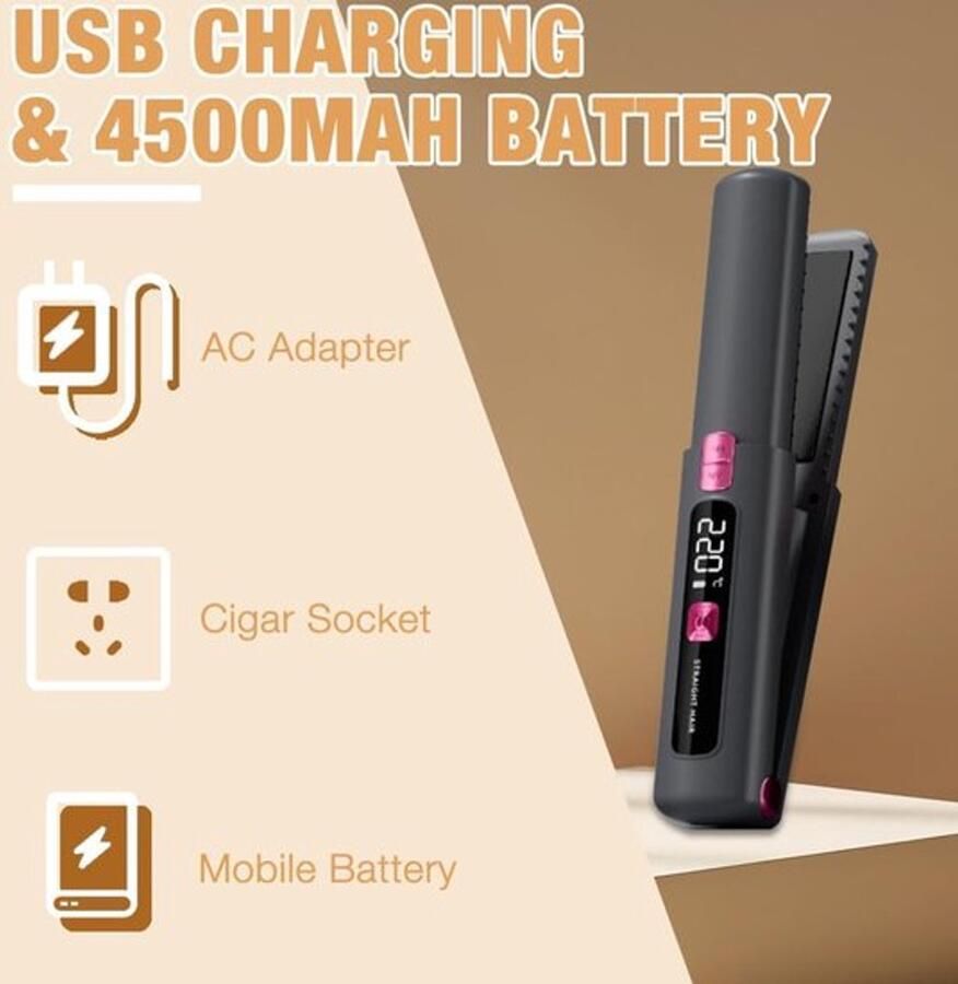 Stijltang Krultang Stijltang en krultang 2 in 1 Draadloze stijltang en krultang 2-in-1 Draagbare keramische stijltang Lichtgewicht en klein Oplaadbaar via USB Met 4500mAh batterij Snel opwarmen in 10 seconden Voor op reis (roze) - Foto 3