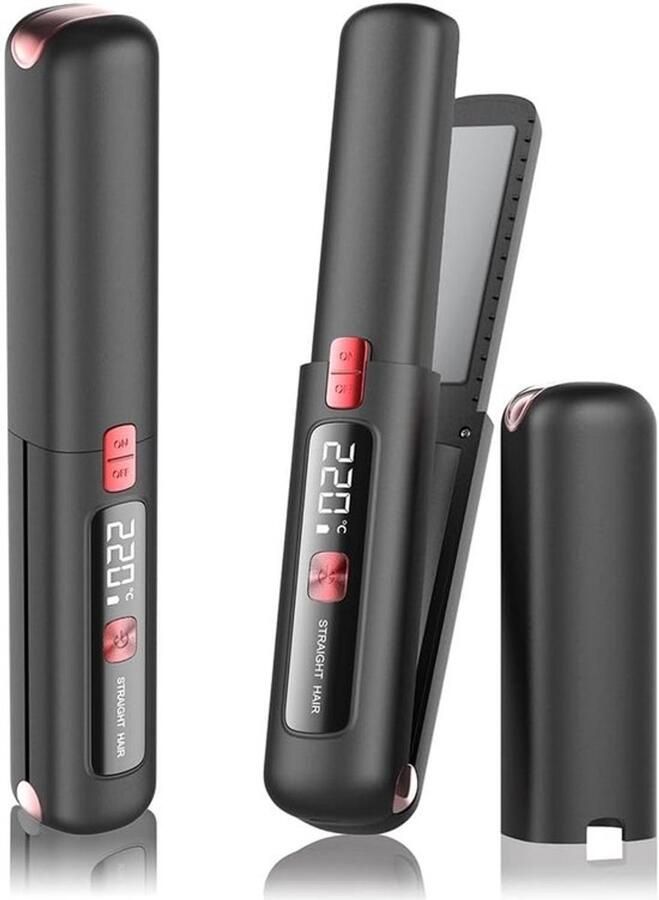 Stijltang Krultang Stijltang en krultang 2 in 1 Draadloze stijltang en krultang 2-in-1 Draagbare keramische stijltang Lichtgewicht en klein Oplaadbaar via USB Met 4500mAh batterij Snel opwarmen in 10 seconden Voor op reis (zwart)