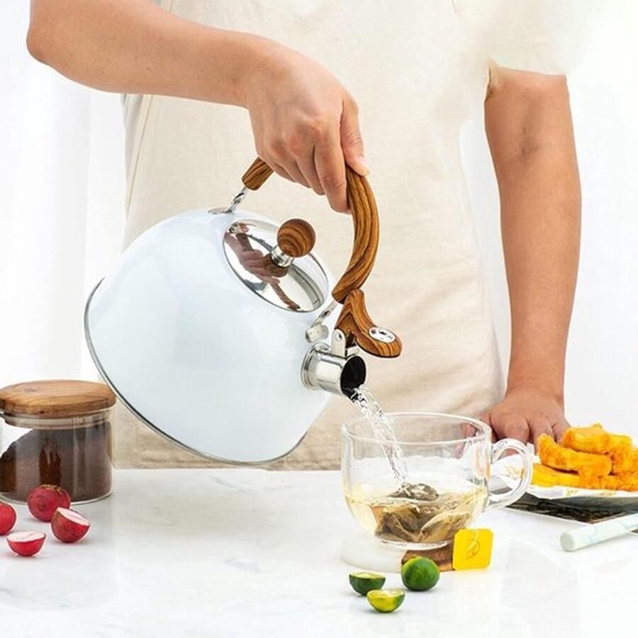 Stijlvolle Witte Theepot 2.5L Roestvrijstalen Fluitketel voor Inductiekookplaat en Gasfornuis Perfect voor Thee en Koffie