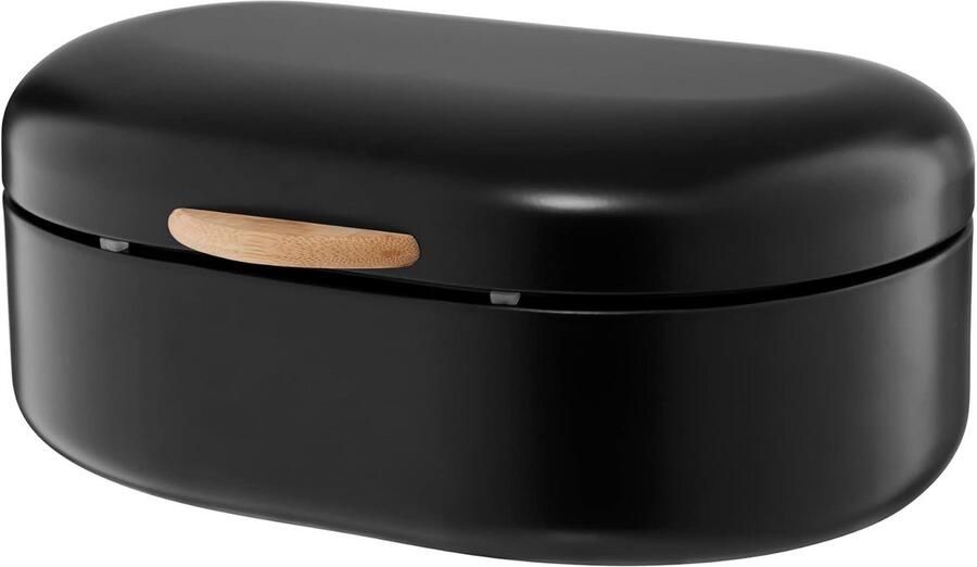 Stijlvolle Zwarte Broodtrommel met Bamboe Deksel Luxe RVS Broodbewaarbak