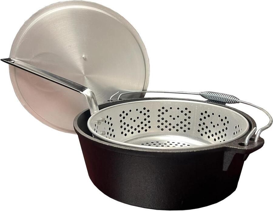 Stoofpan Gietijzer Braadpan met mand Langzaam Koken Gelijkmatige Warmte 6 Kwarts Zwart