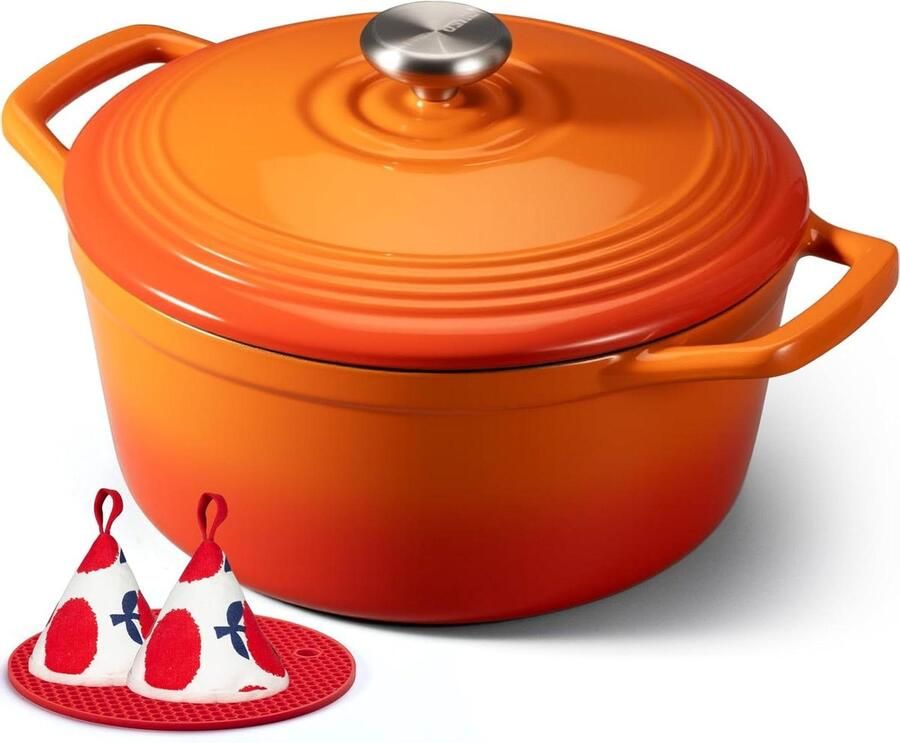 Stoofpan Gietijzer Braadpan Ovenschaal Langzaam Garen Uitstekende Warmteverdeling 26 cm Oranje