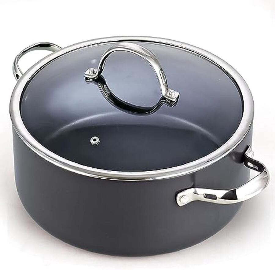 Stoofpan met deksel Grote pan Langzaam koken Hard geanodiseerd 7 Liter Zwart