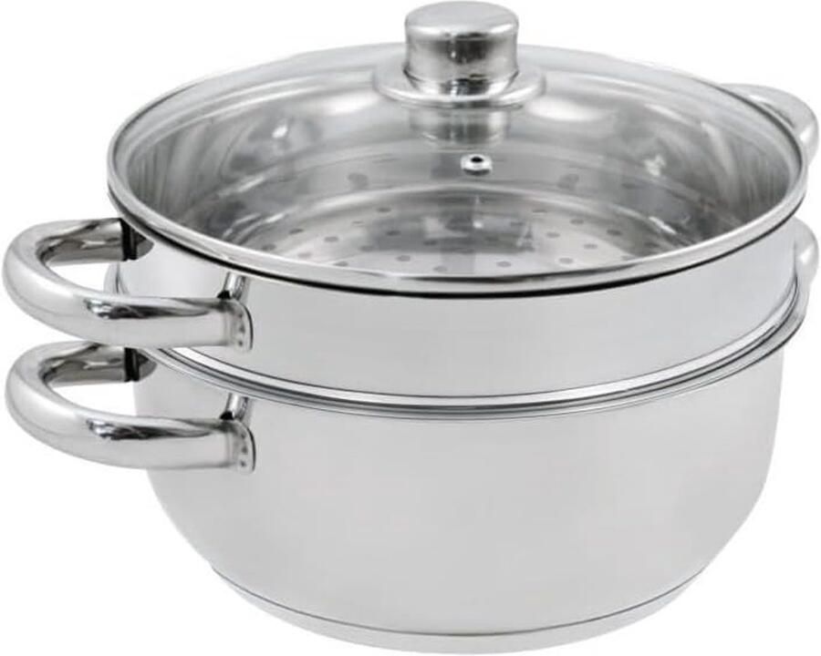 Stoomcombinatie met 2-in-1 functie roestvrijstalen kookpan en stoompan 24 cm glazen deksel en handgrepen