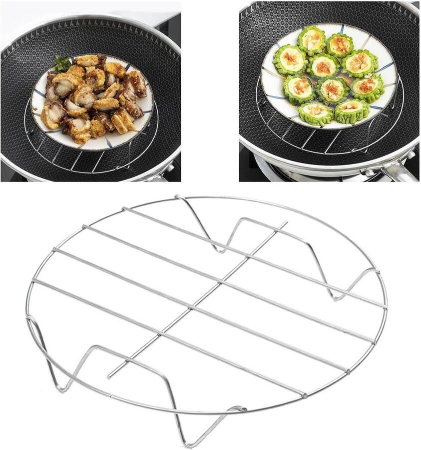 Stoomgrillrek Rond RVS Stoommand Gezond Koken Hoogvoet Ontwerp 20 x 20 x 3 cm Zilverkleurig