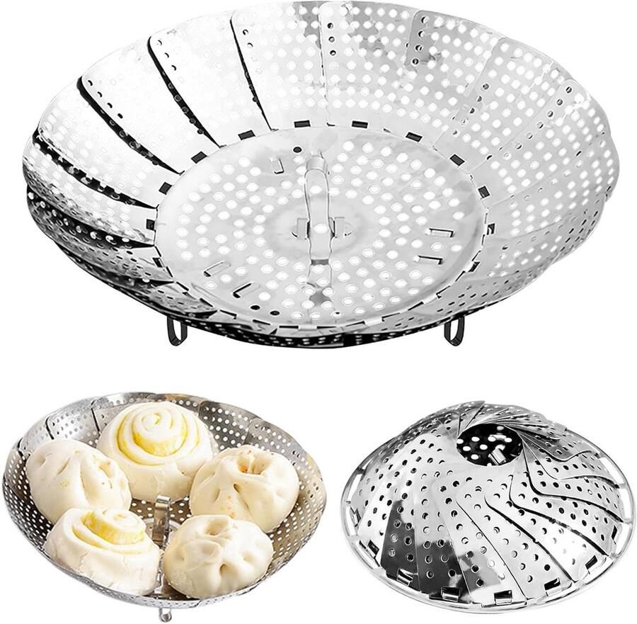 Stoominzet Roestvrij Staal Opvouwbare Stomer Gezond Koken Verstelbare Diameter 14-23 cm Zilver