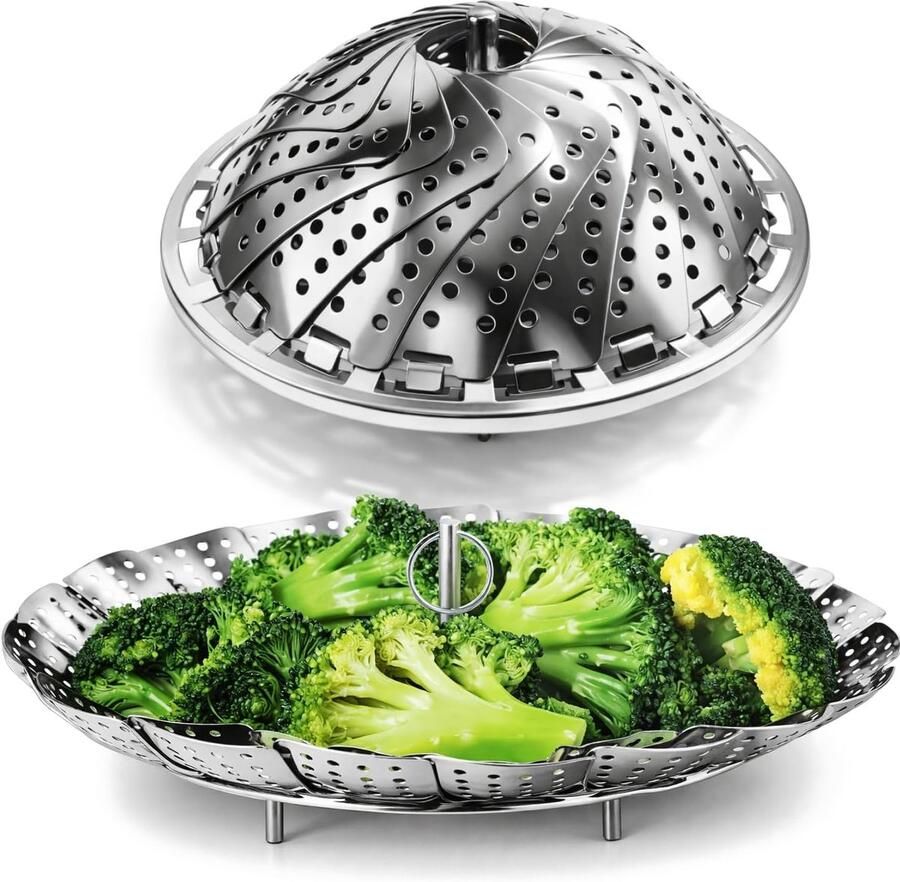 Stoominzet Roestvrij Staal Stoommand Verstelbaar Gezond Koken Inklapbaar Ruimtebesparend Ø 14-23 cm Zilverkleurig