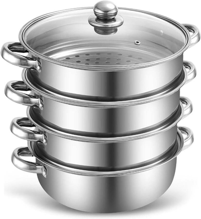 Stoomkoker 28 cm Roestvrij Staal Met Glazen Deksel en Hittebestendige Handgrepen Voor Groenten en Aardappelen