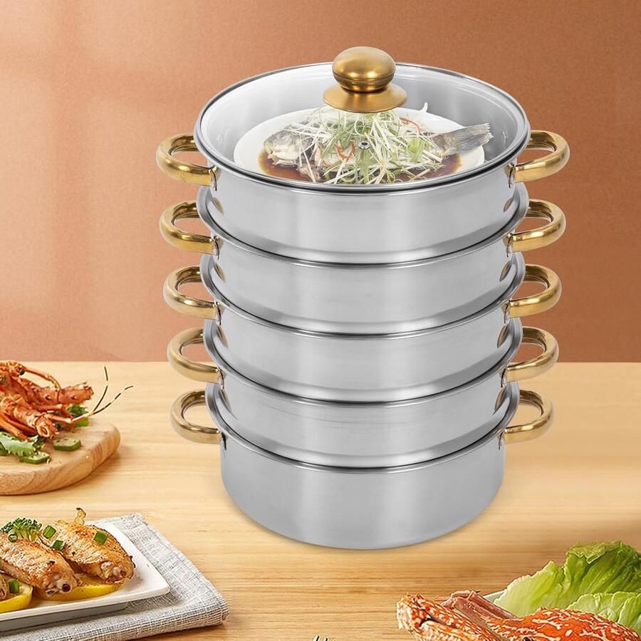 Stoomkoker 5 etages Stoompan multifunctioneel Gezond Koken Roestvrij staal Diameter 28 cm Zilver goud