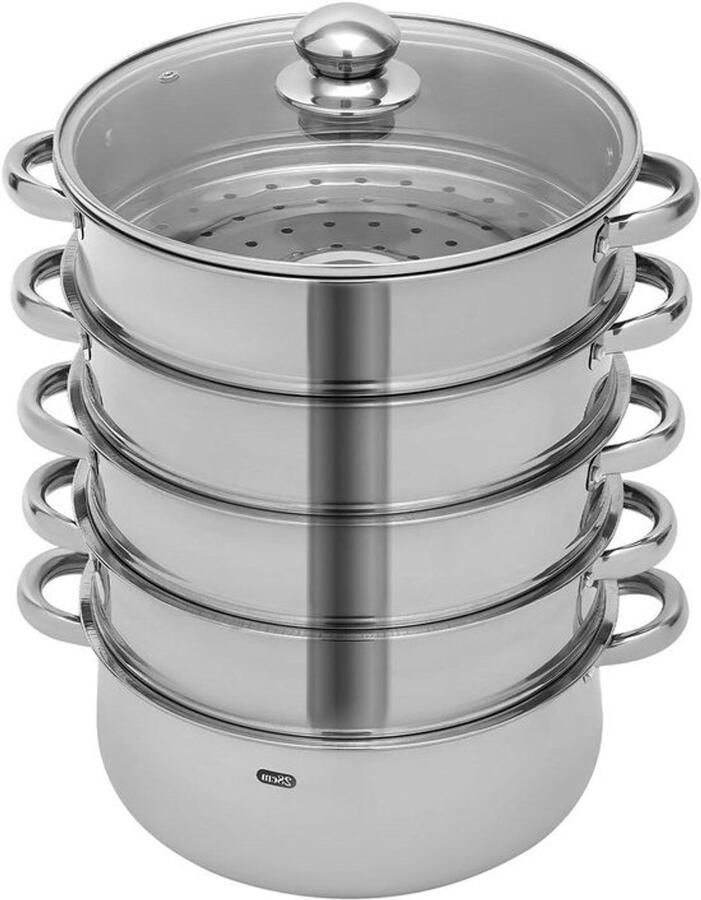 Stoomkoker 5 Lagen Stoompan Rvs Gezond Koken Explosiebestendig Glas 28 cm Diameter Zilver
