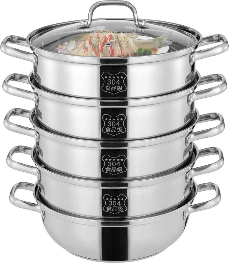Stoomkoker 5 lagen Stoompan set Gezond Koken Verdikte bodem 30 cm diameter Zilver