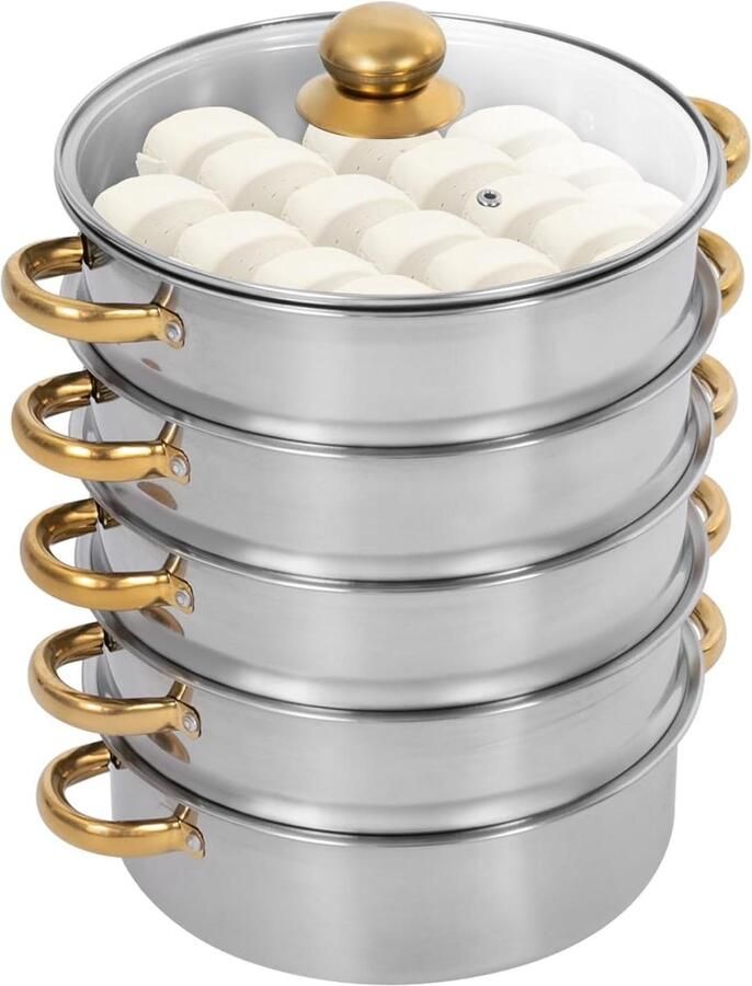 Stoomkoker 5 verdiepingen Kookgerei stomer Gezond koken Gelijkmatige stoomverdeling 7 liter capaciteit Zilver