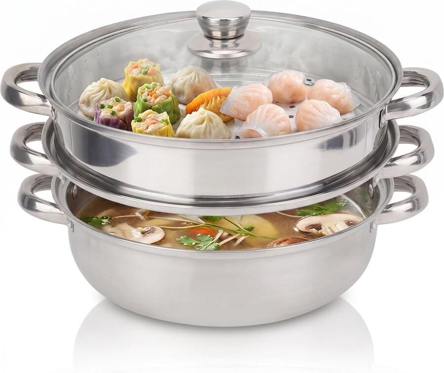 Stoomkoker met 2 lagen van roestvrij staal 27 cm Snelle stoomfunctie doorlatend ontwerp transparant glazen deksel en ergonomische handgreep