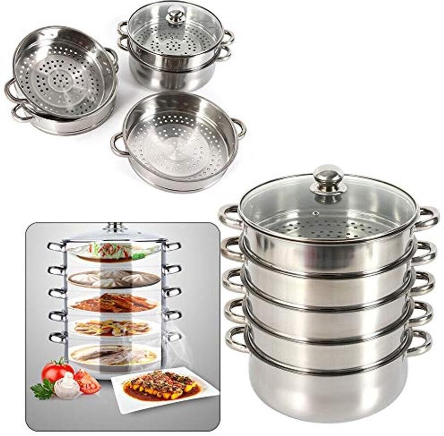 Stoomkoker met 5 niveaus van roestvrij staal Gezonder koken met glazen deksel