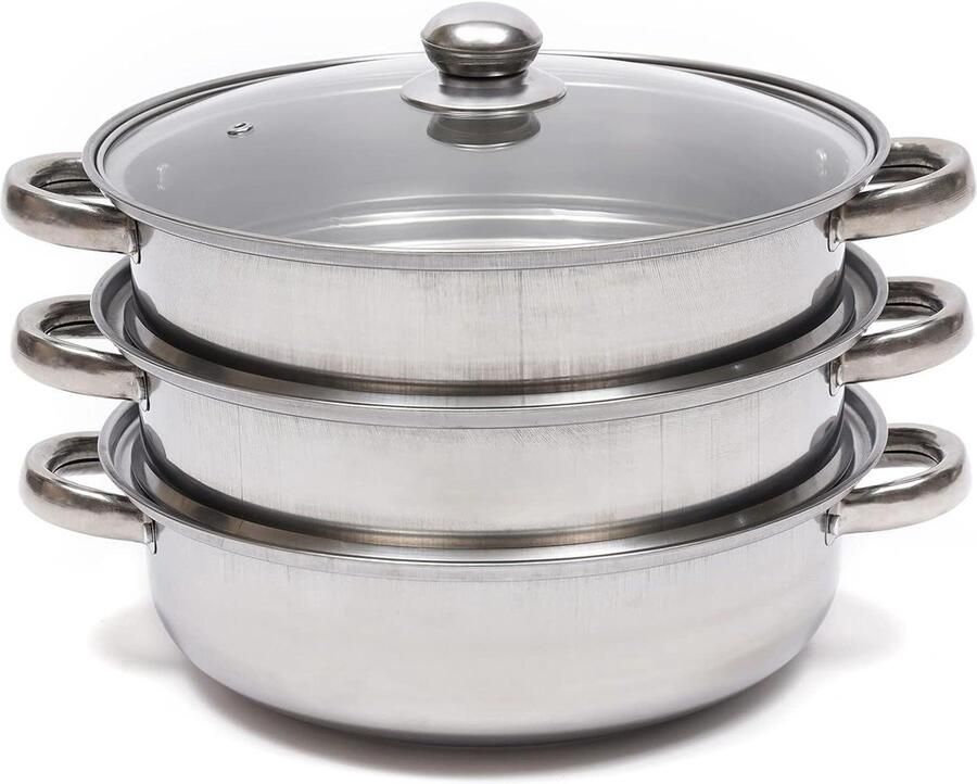 Stoomkoker Roestvrij Staal Stoompan 3 etages Gezond Koken Gelijkmatige Stoomverdeling 27.3 cm Diameter Zilver