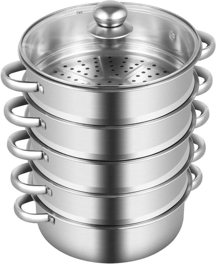 Stoomkoker Roestvrij Staal Stoompan Kookpan Gezond Koken Grote Inhoud 26 cm Zilver