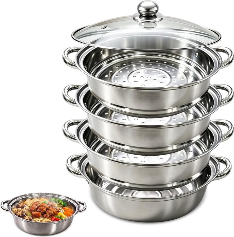 Stoomkoker RVS 28 cm 4-traps Stoompan met Stoominzet Voor Groenten Vis en Aardappelen