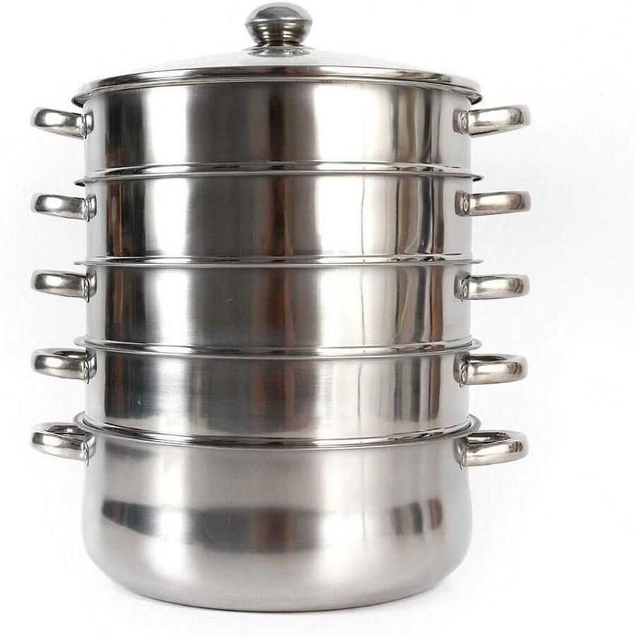 Stoomkoker RVS Stoompan Dampkoker Gezond Koken 5-laags Constructie 30 cm Diameter Zilverkleurig