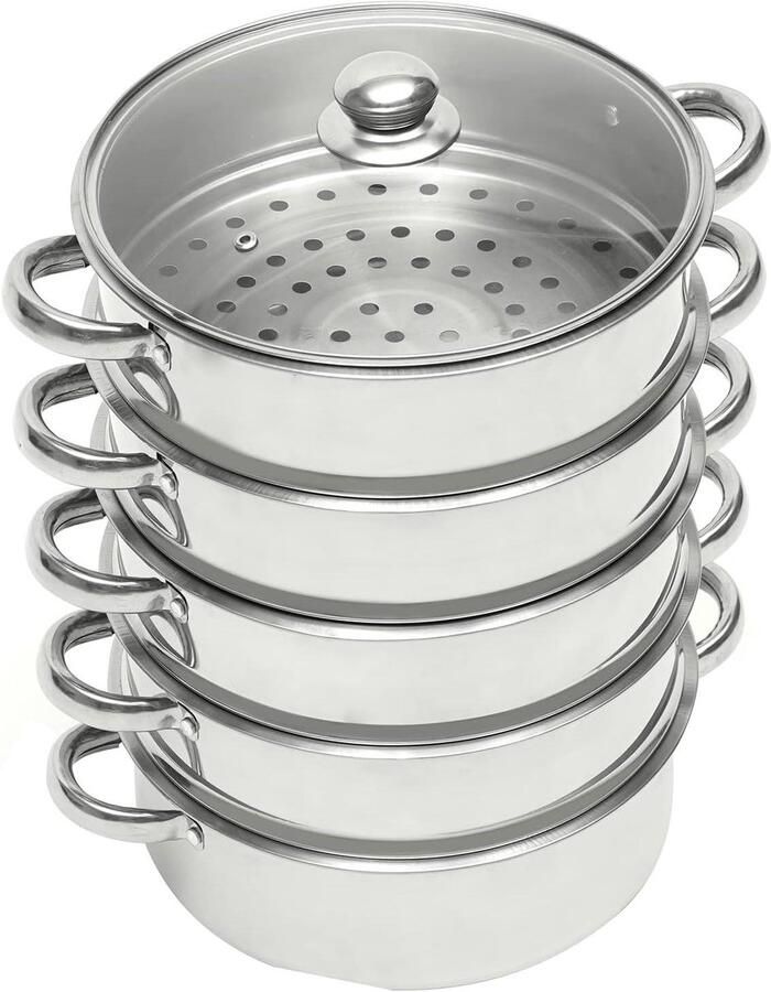 Stoomkoker RVS Stoompan Inductie Gezond Koken 4 Etages 26 cm Zilver