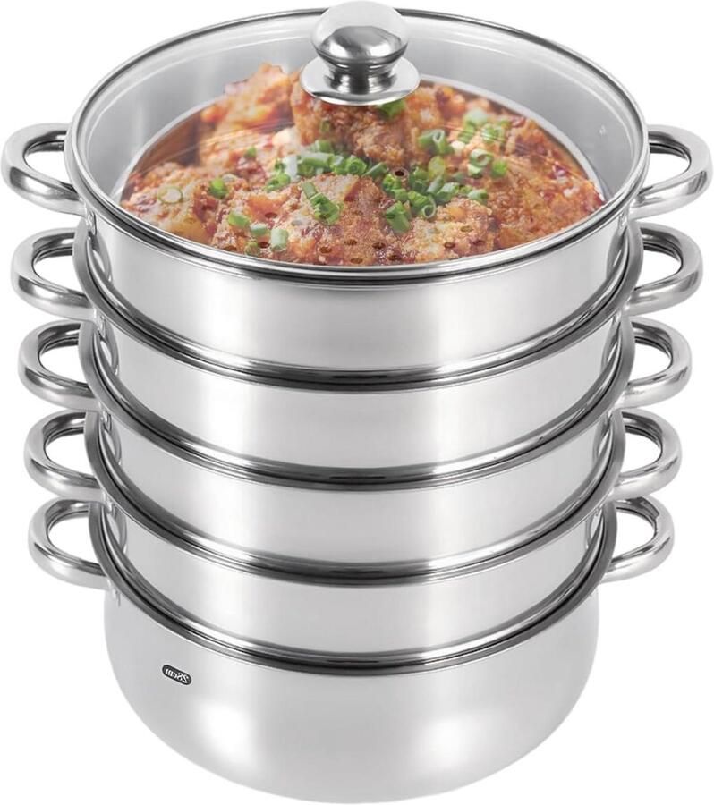 Stoomkoker RVS Stoompan Kookgerei Gezond Koken 5-laags Stapelbaar 28 cm Zilver